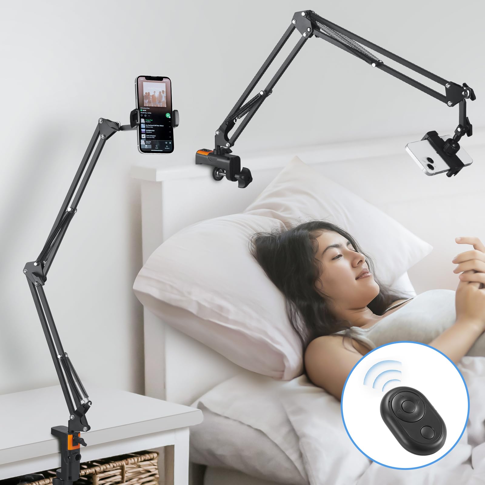 スマホスタンド アーム 寝ながら 携帯スタンド スマホホルダー ベッド 卓上 俯瞰撮影 フレキシブル 360回転 土台強化iPhone/Android対応 スマートフォン用Bluetoothリモコンシャッター付き ウェブ会議/テレワーク/ライブ配信/ビデオ鑑賞用 の商品画像