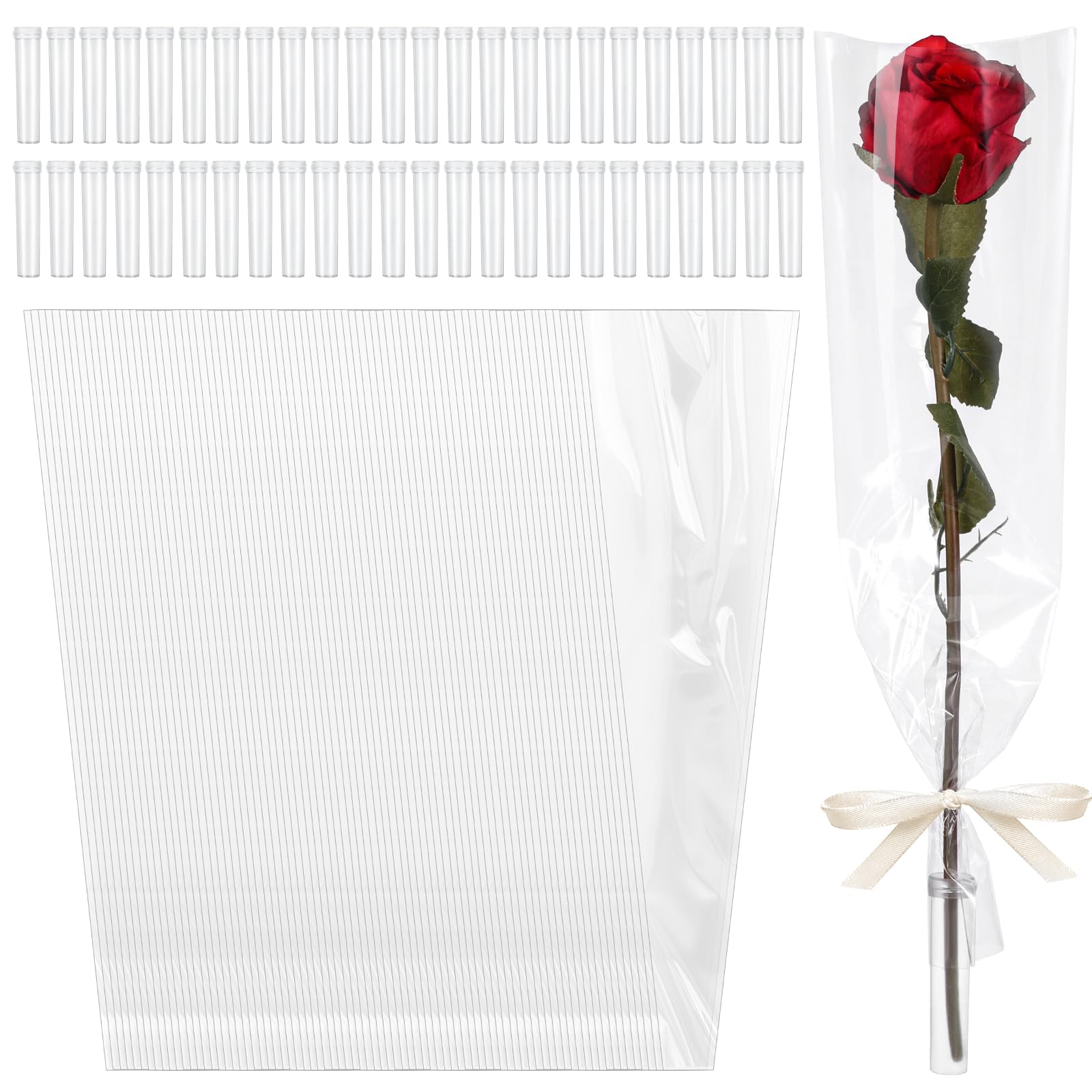 View 1 of 100 Pcs Single Rose Sleeve Bouquet Bags with Floral Water Tubes for Flowers Packaging Bag Single Flower Wrapping Paper for Birthday Mother's Day Valentine's Day Wedding Gift, Transparent Bag