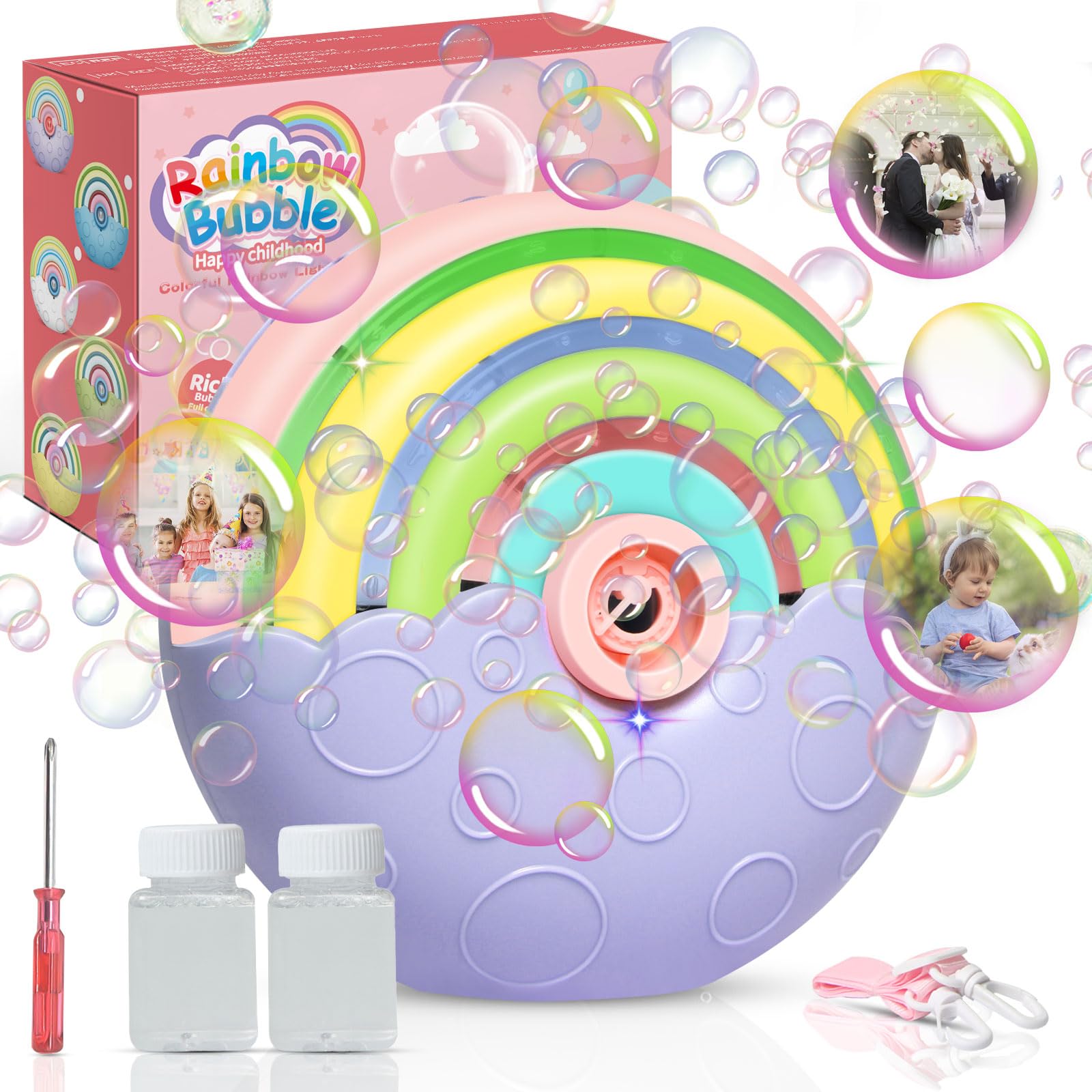 Bubble Machine Portable Automatic Bubble Blower Machine For kids, 2000+ Bubbles per Minute, Silent Design Rainbow Bubble Maker Machine with Bubble Solution/Lanyard/Battery Powered, Birthday Gifts — image 1