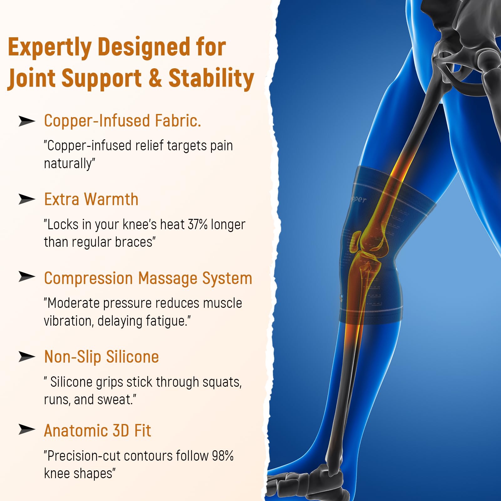 JIUFENTIAN Copper Knee Brace for Women and Men(2 Pack) -knee compression sleeves for Arthritis, Running & Daily Use-Targeted Support for Joint Stability & Pain Relief(Large)