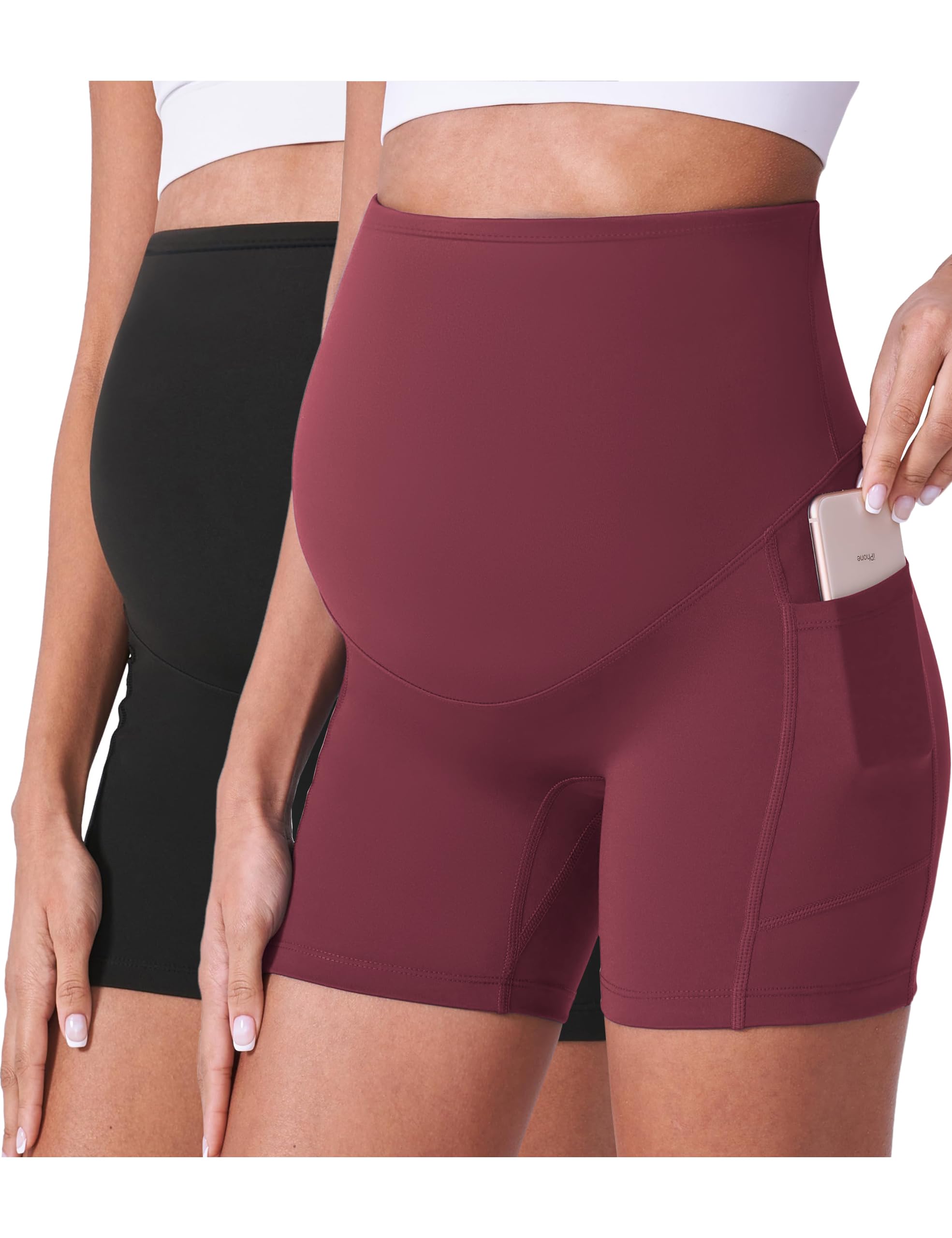 POSHDIVAH Women's Maternity Shorts Over The Belly Biker Yoga Active Pregnancy Workout Short Pants with Pockets 2PCS Black Wine Red 5" X-Large Image