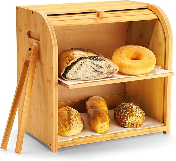 Bamboo Bread Box, Luckyshe 2 Layer Rolltop Bread Bin for Kitchen, Large