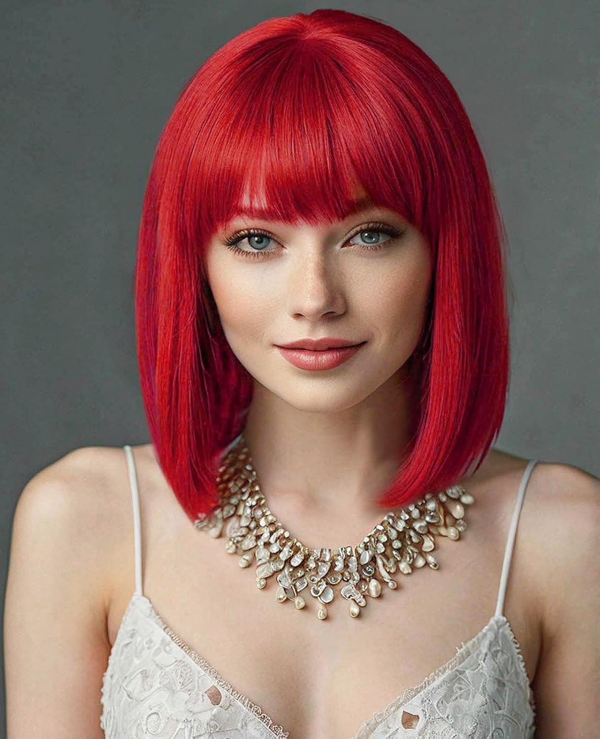 YEESHEDO Women's Short Bob Wigs Straight with Flat Bangs Colorful Hair Cosplay Party Halloween Costume Replacement Wig for Girls Heat Resistant Synthetic Natural As Real Hair 12" (Red)