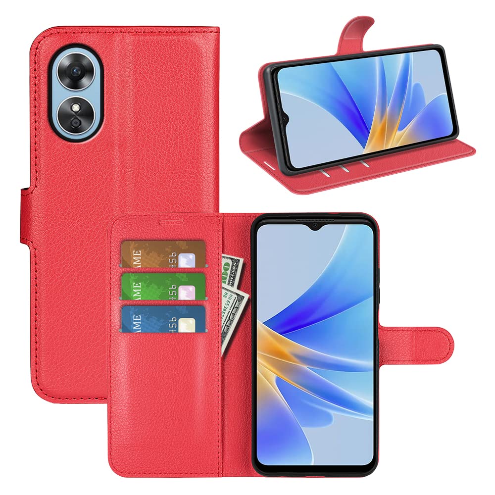 JIUNINE Case for OPPO A17, Leather Wallet Case Flip Cover with [Card Slot] [Magnetic Closure] [TPU Inner Shell] for OPPO A17, Red