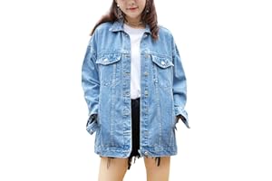 Omoone Women's Oversized Mid Long Denim Jacket Jean Biker Coat