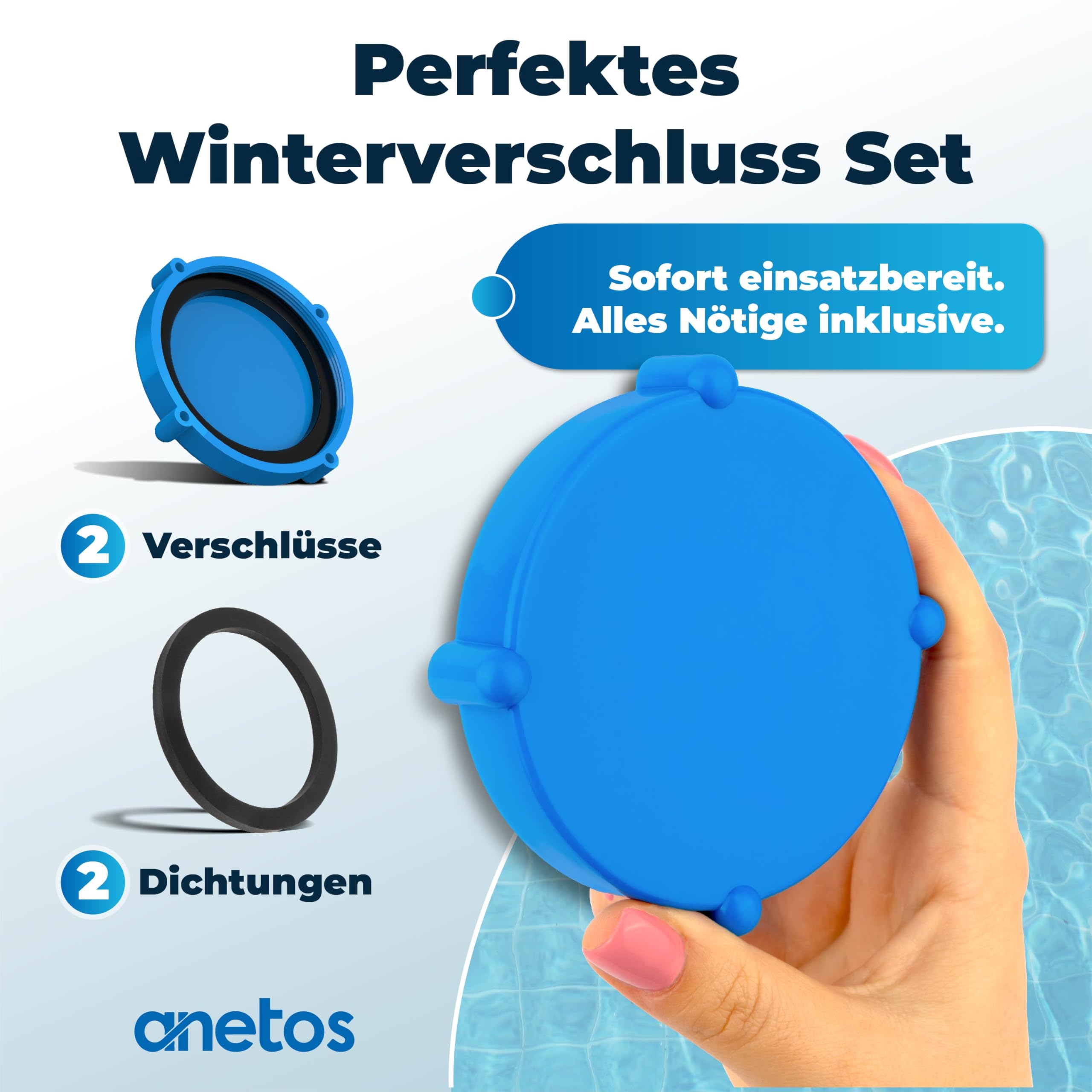 anetos® - Winterverschluss Set für Intex und Bestway Pools – 100% DICHT – Winterstopfen für beide Anschlüsse (2 Stück) mit passenden Dichtungen 2