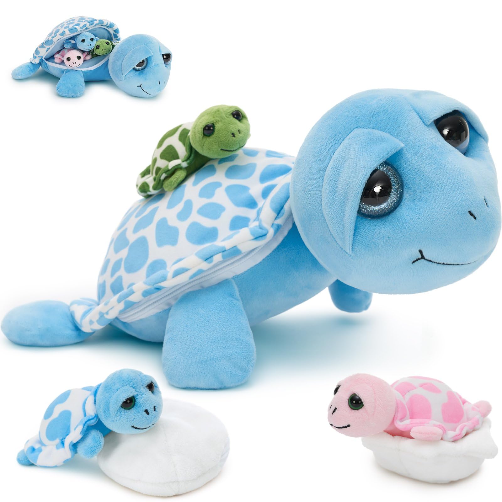 MorisMos Sea Turtle Stuffed Animal Mommy with Babies, 6 Packs Stuffed Turtle Toys for Kids Toddlers, 14'' Mama Big-Eyed Tortoise Toy, Sea Stuffed Animal Plush Pillow Gifts for Birthday Christmas Image