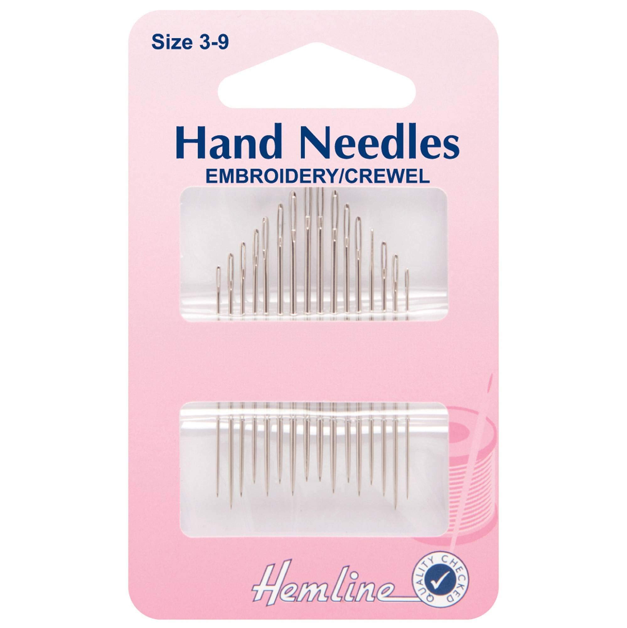 Hemline Hand Sewing Needles - Embroidery/Crewel size 3-9. Pack of 16