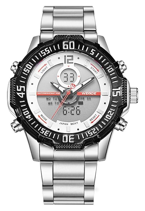 Weide Cat Eye Dual Time Stainless Steel Strap Watch with Day Date Alarm Illumination Feature