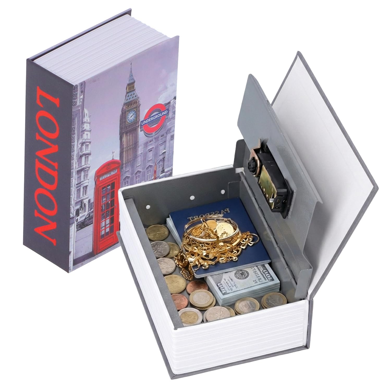 Tissting Book Safe with Combination Lock, 7.1 x 4.6 x 2.2in London Clock Steel Book Hidden Diversion Safe Lock Box Code Lock Storage Box for Cash Jewelry