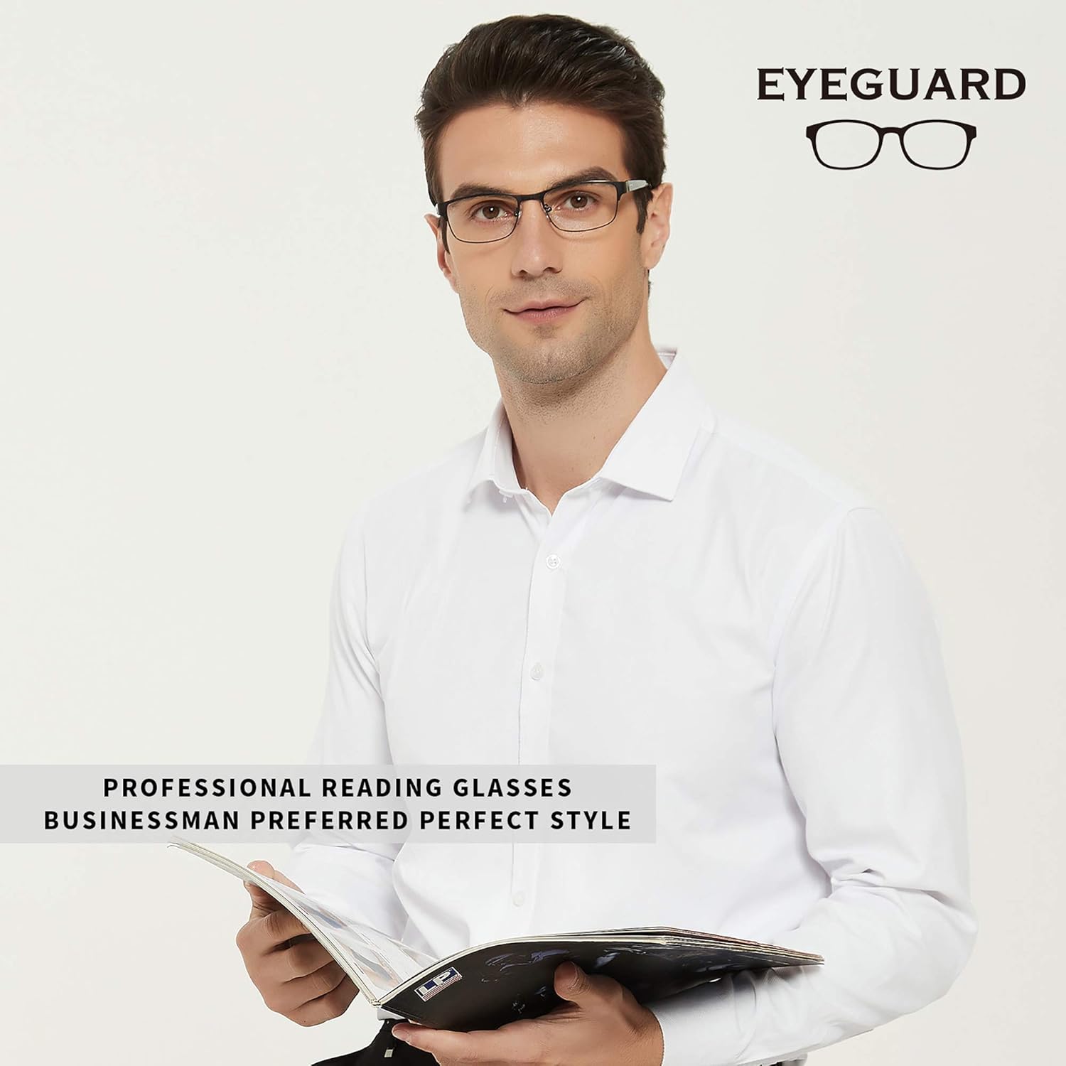 EYEGUARD Mens Reading Glasses, 1 Pair Rectangular Lightweight Metal Readers for Men(+1.50 Magnification), Grey - Image 3