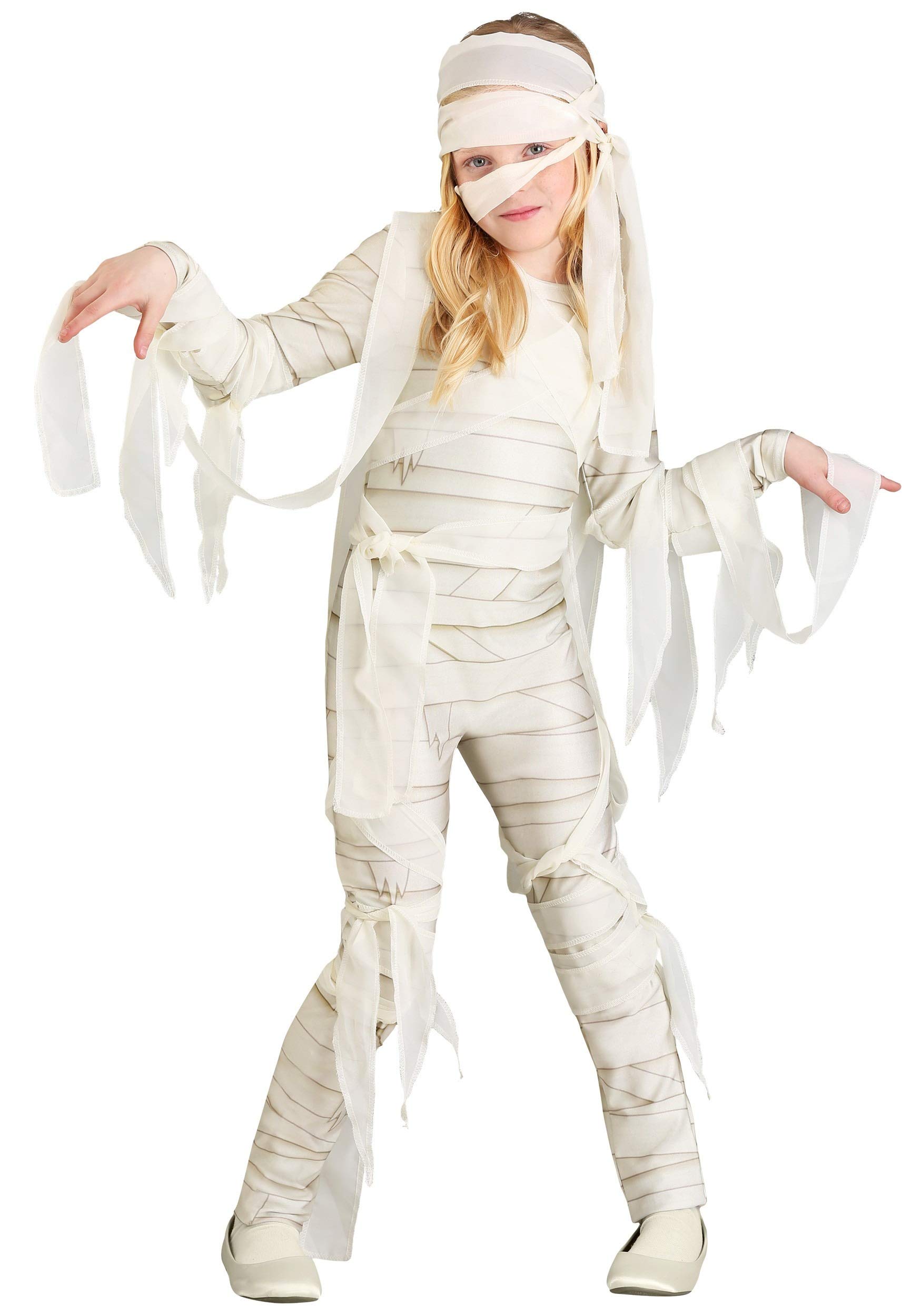 Girls Under Wraps Mummy Halloween Costume | Kids Mummy Jumpsuit with Attached Drapes, and Head Wrap