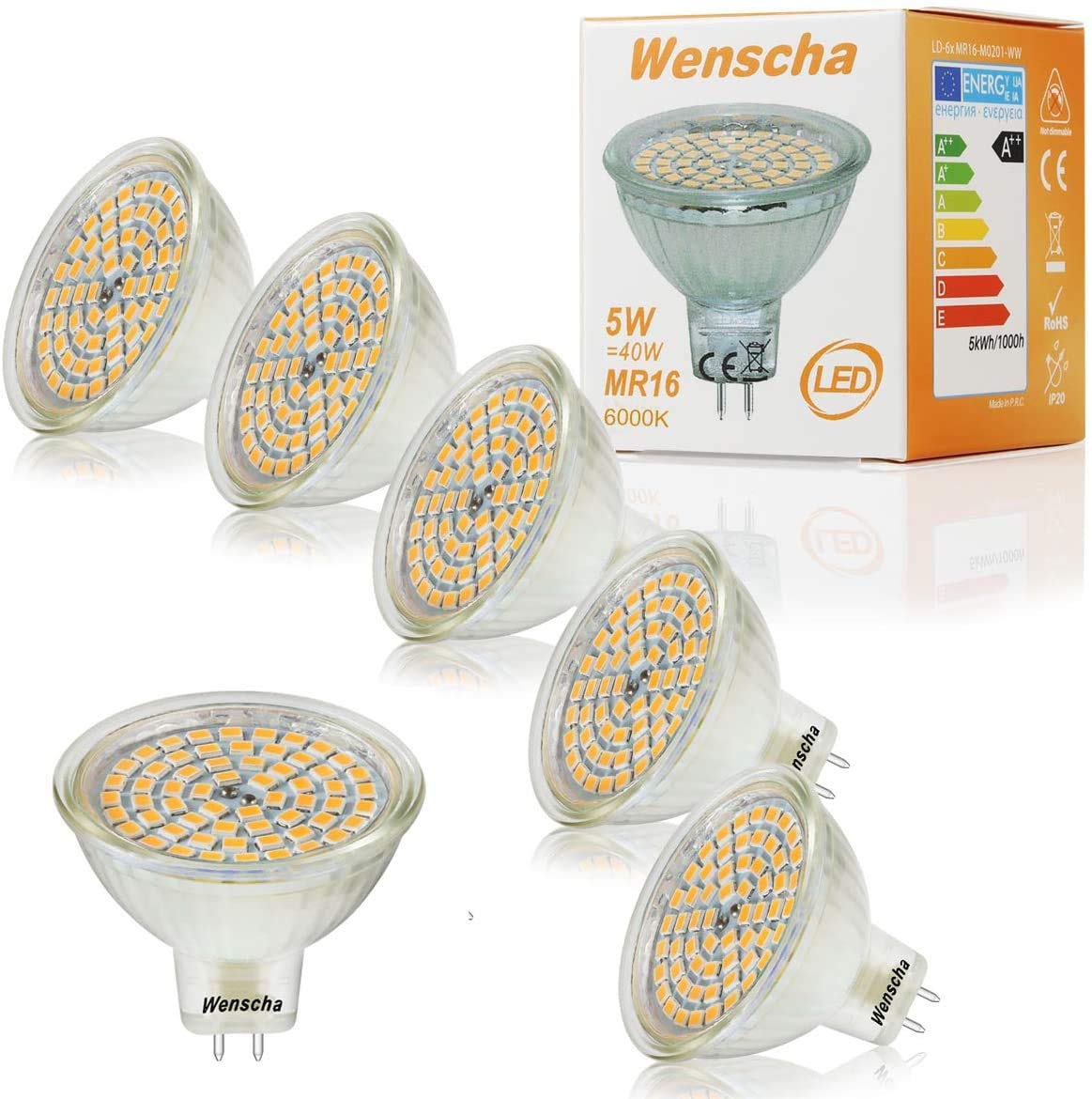 Wenscha MR16 LED Bulbs GU5.3 12V Sportlights- 5W 12V GU5.3 Spotlights, Daylight White 6000K 40W Halogen Equivalent 400 Lumens 120° Beam Angle Non-dimmable, 6 Pack
