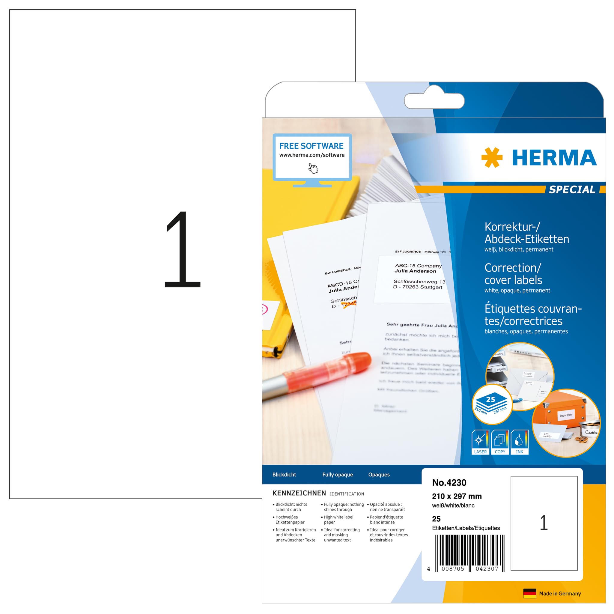 HERMA Self Adhesive Correction Labels, 1 Label per A4 Sheet, 25 Sheets, 210 x 297 mm, 25 Labels, Blank Opaque Labels Stickers, Sticky Labels for Laser & Inkjet Printer, White