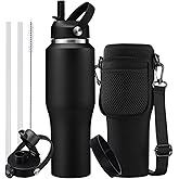 DIGJUPER 32oz Stainless Steel Water Bottle, Cold-48H & Hot-24H, Water Flask Thermal with Straw & Spout Lids, Pouch, Vacuum Insulated Bottle for Father's Day Gift Black