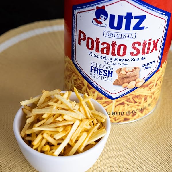 UTZ POTATO STIX, ORIGINAL – 15 OZ. CANISTER – SHOESTRING POTATO STICKS MADE FROM FRESH POTATOES, CRISPY, CRUNCHY SNACKS IN RESEALABLE CONTAINER, CHOLESTEROL FREE, TRANS-FAT FREE, GLUTEN-FREE SNACKS