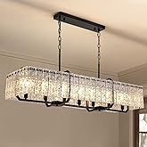 CROSSIO Rectangle Black Crystal Chandeliers for Dining Room, 47inch Large Rectangular Water Ripple Glass Island Light Fixture