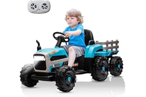 ZYERCH 24V Kids Ride on Tractor with Trailer, Dual 200W Motors Boost Power Torque Remote Control, Electric Car for Kids with Three Speeds Adjustable, USB, MP3, Bluetooth, LED Light, Safety Belt, Blue