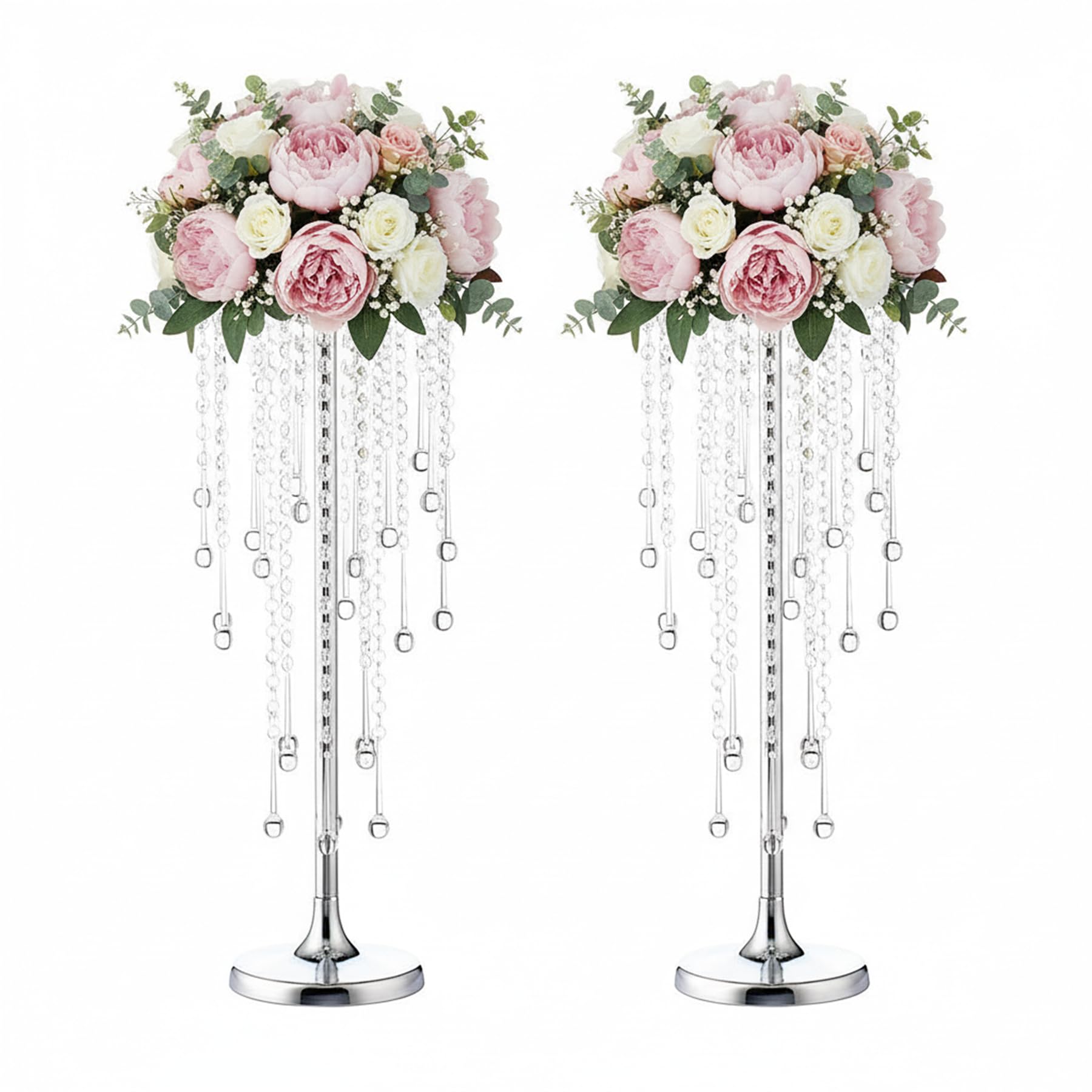 Wedding Centerpieces Stands for Tables, Gold Tall Metal Flower Candle Holder Stand with Crystals Set of 2 Event Lead Road Candleholders for Wedding Party Dinner Table Decor (Siliver/21.6”)
