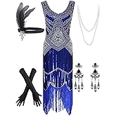 Women's Vintage 1920s Sequin Beaded Tassels Hem Flapper Dress w/Accessories Set