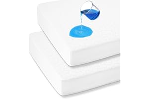 FIEMOL Waterproof Crib Mattress Protector 2 Pack, Crib Mattress Cover Fitted for Baby Bed,Ultra Soft&Washable Toddler Mattress Protector, White-Star 52"x28"
