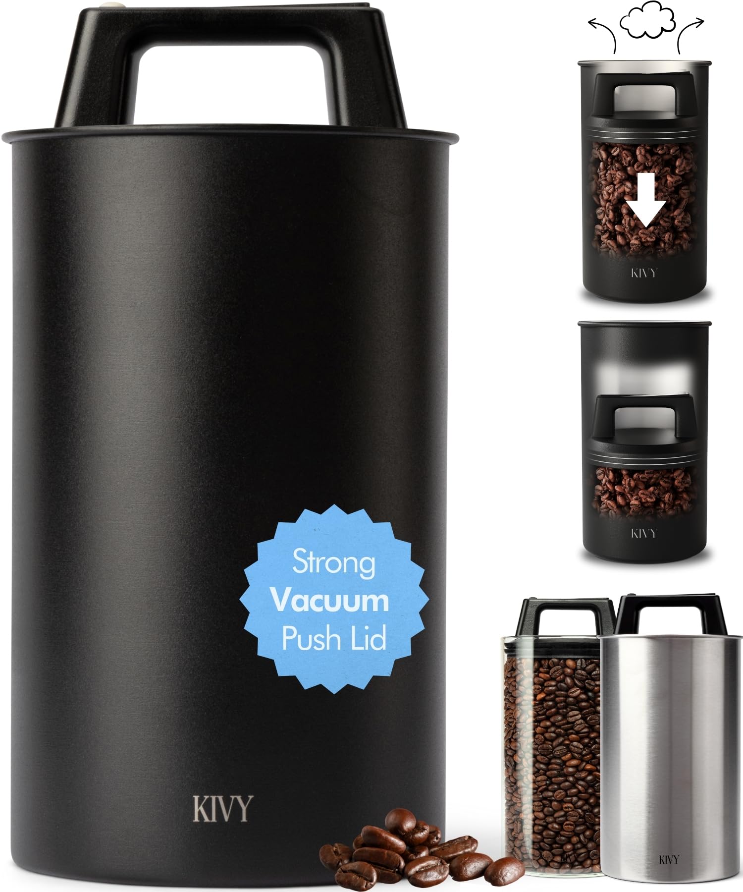 Photo 1 of KIVY Vacuum Coffee Canister - Push Lid Preserves Coffee Aroma & Oil - Stainless Steel Airtight Coffee Canister - Container for Ground & Coffee Bean Storage - Removes Excess Air