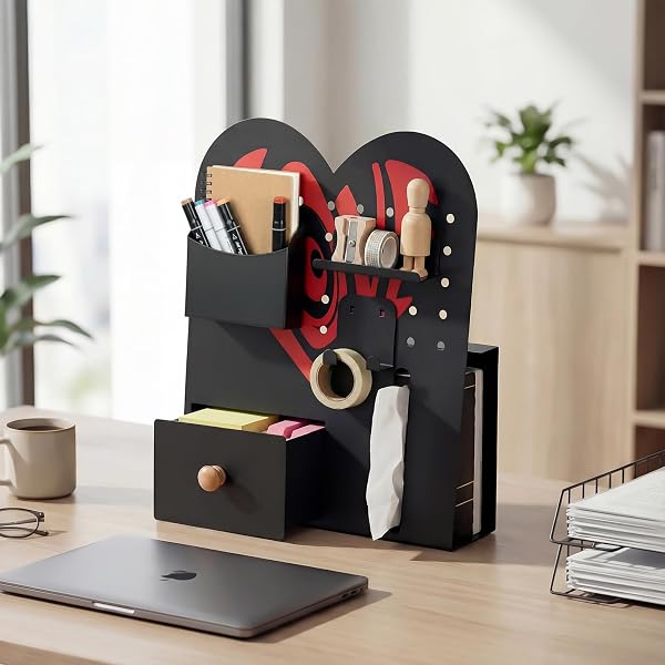 MAGNETIC PEGBOARD ORGANIZER FOR OFFICE DESK, MAKEUP VANITY, STATIONERY STORAGE, GAMING DESKTOP WITH 4 METAL ACCESSORIES DRAWER HOLDER HOOKS MODULAR – HOME DECOR TABLETOP DISPLAY KIDS ROOM – BLACK
