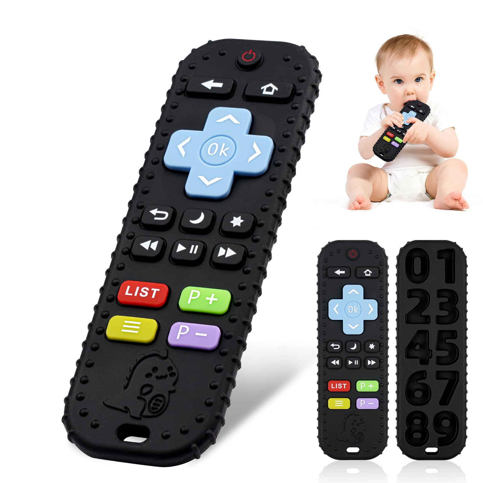Teething Toys for Baby, Silicone Remote Teethers for Infant Toddlers 3-6-12 Months，Remote Control Baby Chew Toys mit Pacifier Clip, Sensory Toys Baby Gifts for Newborn Girl Boy (Black)