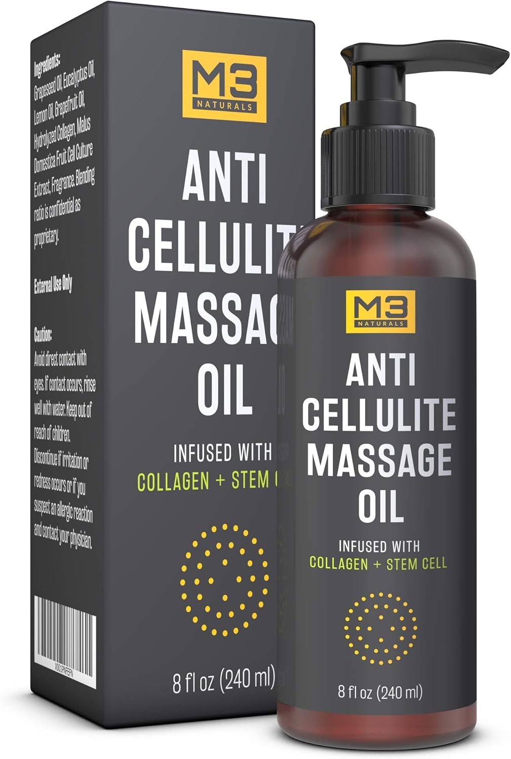 M3 Naturals Anti Cellulite Massage Oil Infused with Collagen and Stem Cell - Natural Lotion - Help Firm, Tighten Skin Tone - Treat Unwanted Fat Tissue, Stretch Marks - Cellulite Removal Cream 8 oz: Health & Personal Care