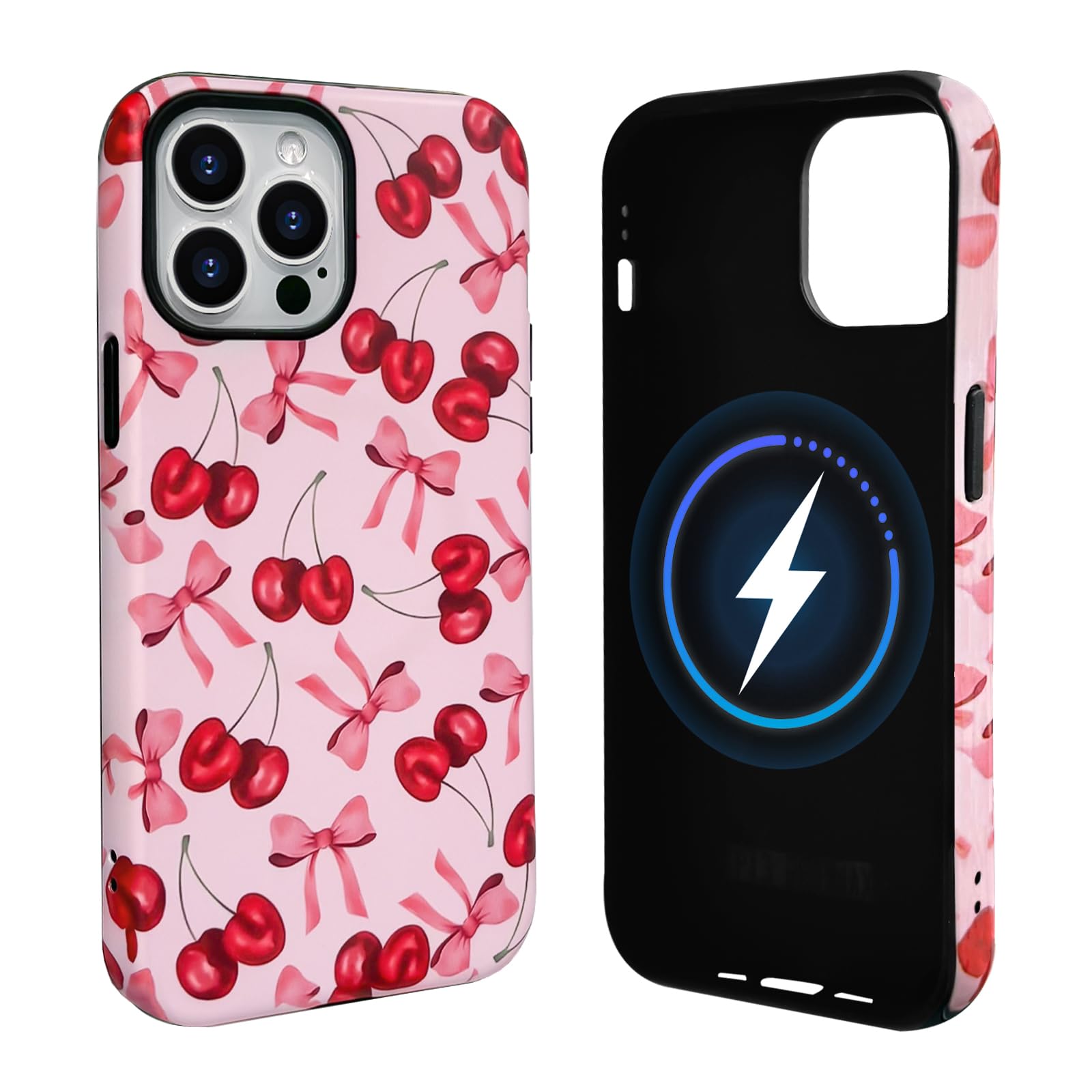NITITOP Compatible with iPhone 13 Pro Max Case Magnetic Compatible with MagSafe Cute Cherry Bow Ribbon for Women Girls Hybrid 2 Layers Hard Back Shockproof Protective Phone Cover - Matte