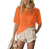Aimiray Women's Sexy Lace Tops Short Sleeve Round Neck Mesh 3D Printed Floral Sheer Blouse See Through Layering Shirt Tops(Orange-L)