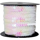FQTANJU White 6mm Crafts Round Flat Sequin Strip Trim on Strings for Crafts, Fringe, and Sewing; 100 Yard Roll