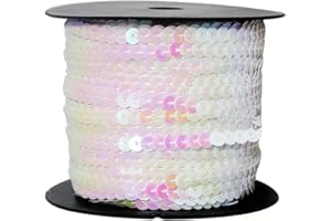 FQTANJU White 6mm Crafts Round Flat Sequin Strip Trim on Strings for Crafts, Fringe, and Sewing; 100 Yard Roll