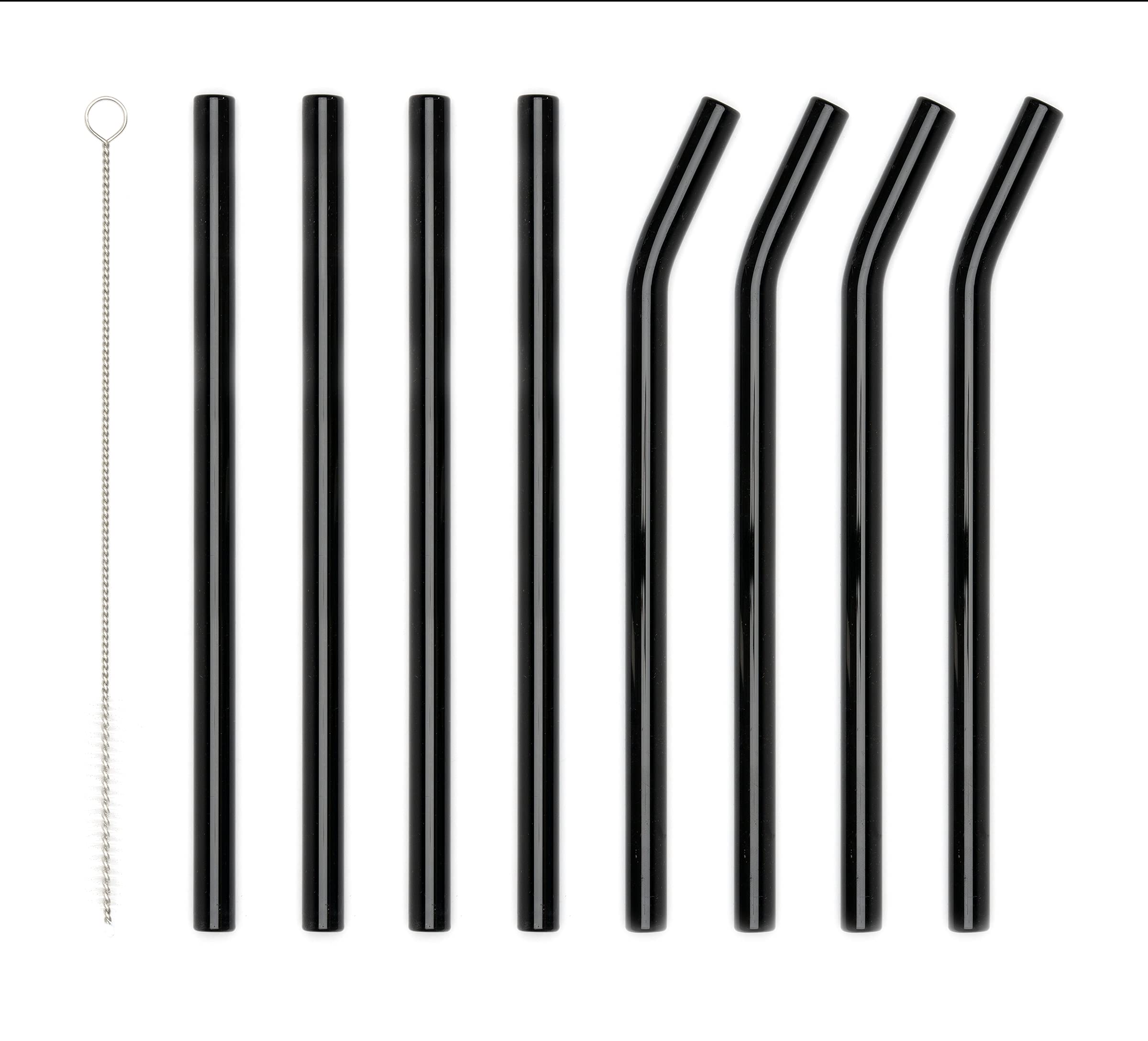 Reusable black glass drinking straws with a cleaning brush - 4 curved and 4 straight glass straws for cocktail, smoothie milkshake or tea - environmentally friendly, healthy.