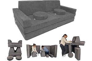 Mod Blox 10 Piece Soft Modular Kids Play Couch for Boys and Girls ｜ Child Sectional Fort Building Sofa for Toddlers Playroom with Microsuede Covers + High Density Convertible Foam Cushions (Dark Gray)