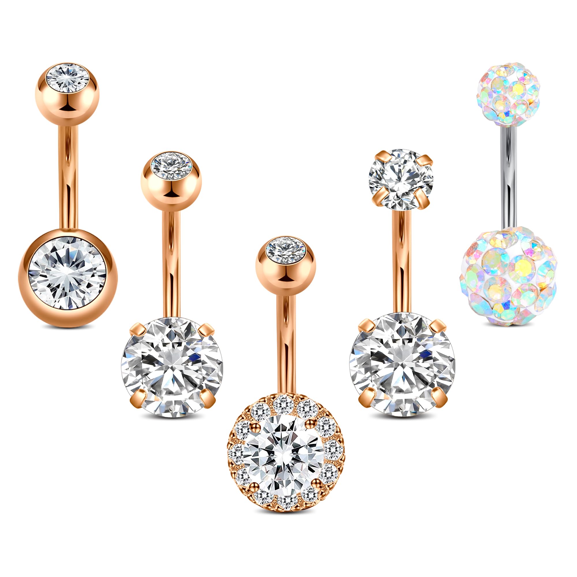 Crdifu Pack of 5 Stainless Steel Belly Button Ring Set 14 Gauge 10mm Barbell Rosegold Navel Bars Piercing Jewellery