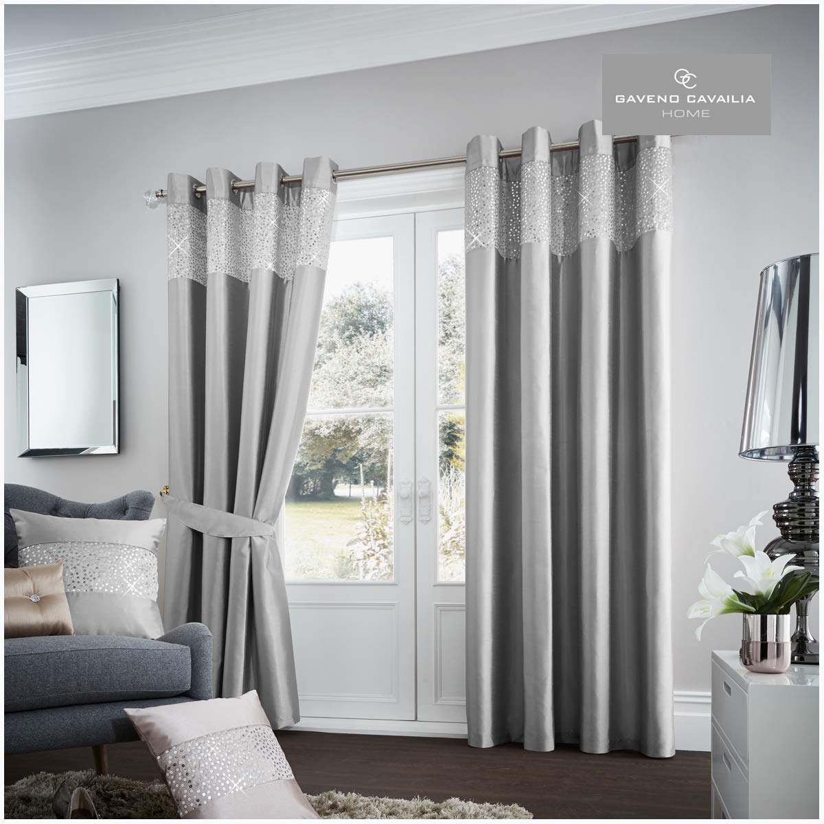Gaveno Cavailia Aviv Eyelet Curtains Silver, 100% Polyester Luxury Ring Top Drapery with Matching Tie Backs, Two 66"x72" Glamorous Panels, Easy Care Window Treatment, 66x72 Inches