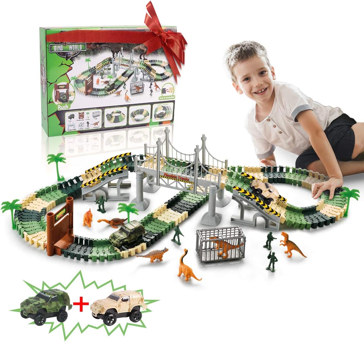 TTOUADY Dinosaur Toys Race Car Tracks, Learning Toys for 3 4 5+ Years Old Boys Girls(144+14)