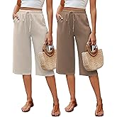 Neer 2 Pack Women's Linen Capris, Summer Drawstring Wide Leg Pants Casual High Waisted Palazzo Trousers with Pockets