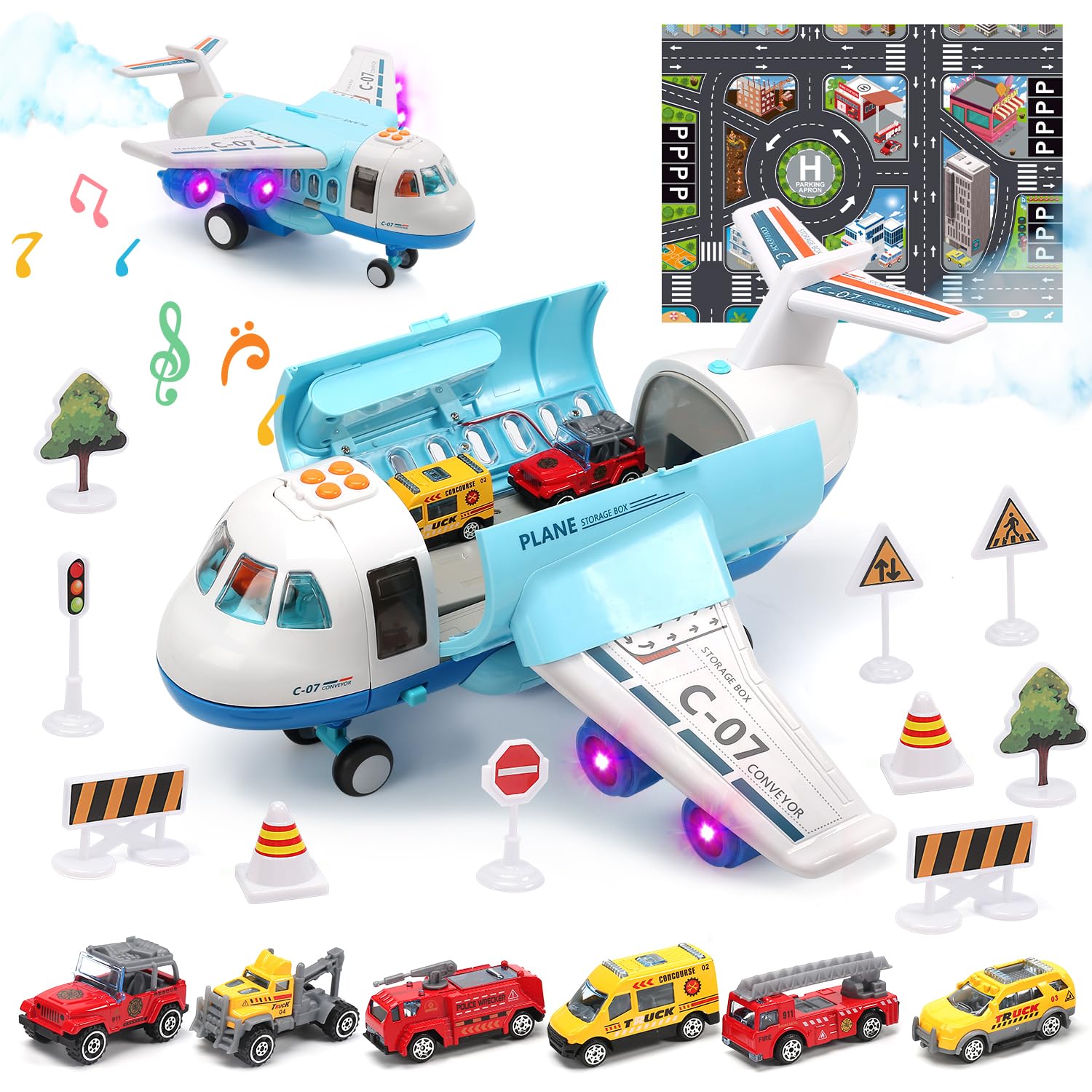 cute stone Toy Airplane with Smoke, Lights & Sounds, Friction Powered Plane Toy with Mini Cars for Kids, Great Gift for Boys and Girls