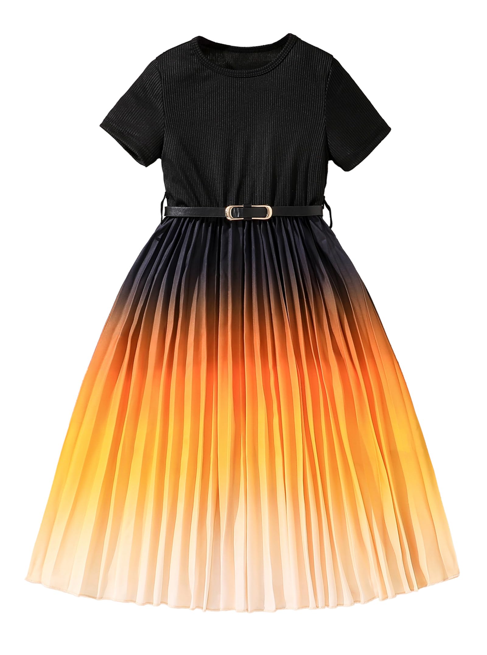 Photo 1 of Hilinker Girls Short Sleeve Pleated Dress Summer Ribbed Crew Neck Dresses with Belt Black Orange Gradient 7-8 Year