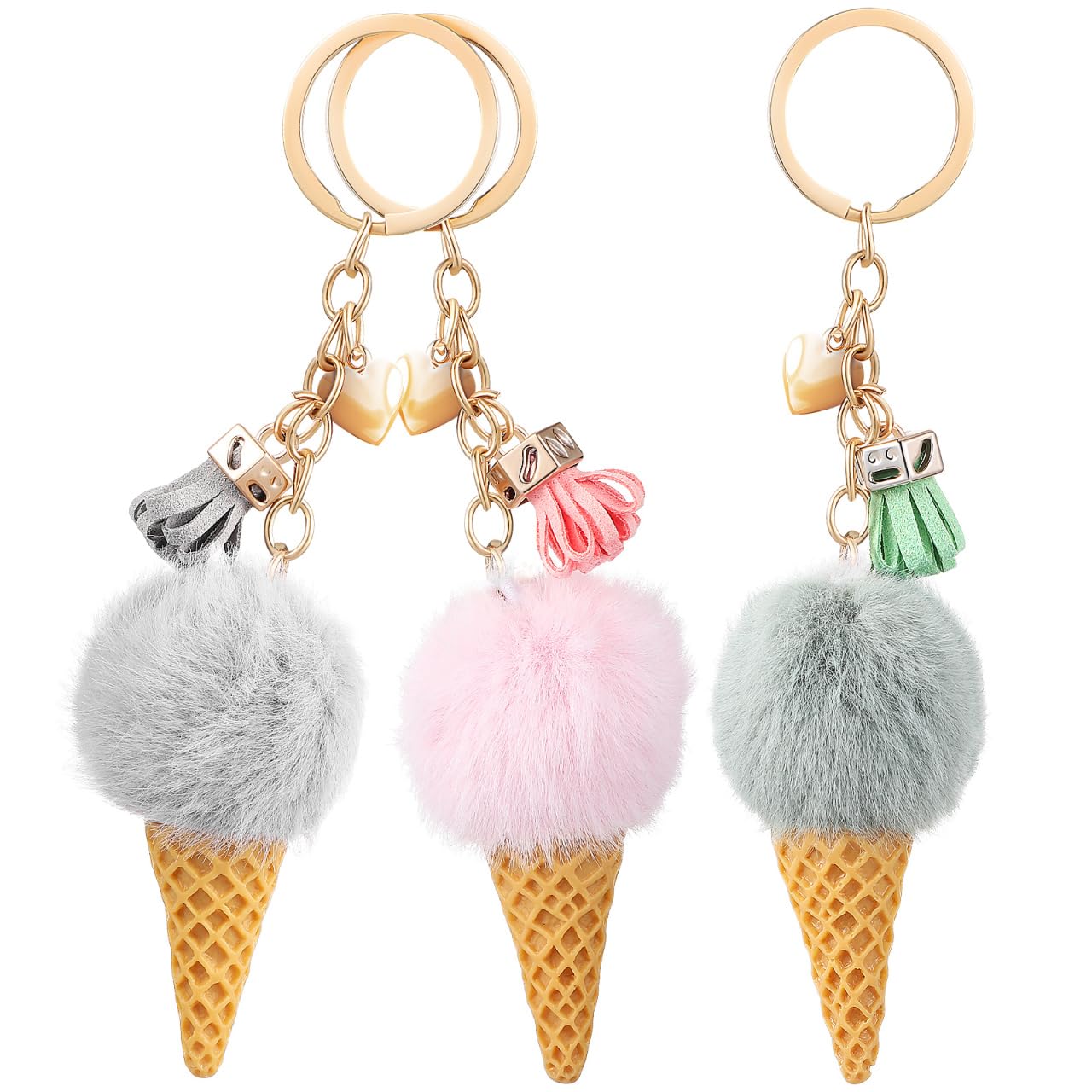 3pcs Fluffy Keyring Pom: Keychains Faux Furry Ball Ice Cream Shape Keyring Pendant Key Holder for Women Ladies Girls Tote Bag Car Hanging Charm