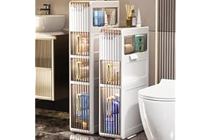 WEAFIEO 4-Tier Bathroom Floor Cabinet with Clear Drawers and Casters Large Capacity Narrow Tall Slim Tower Waterproof Towel Toilet Paper Organizer Vertical Storage Unit for Small Spaces Gaps White