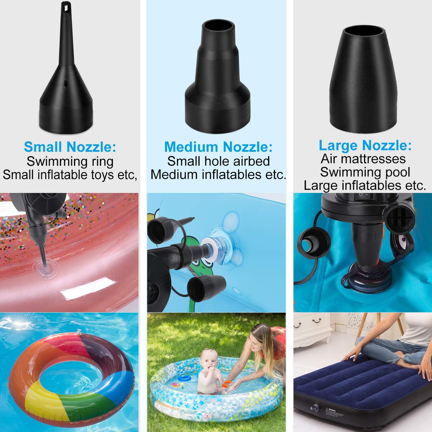 Electric Air Pump, Air Pump for Inflatables Air Mattress Pump with 3 Nozzles Inflator/Deflator Quick Air Pump for Air Bed Pool Toy Raft Boat Swimming Ring AC 110V 130W: Home & Kitchen