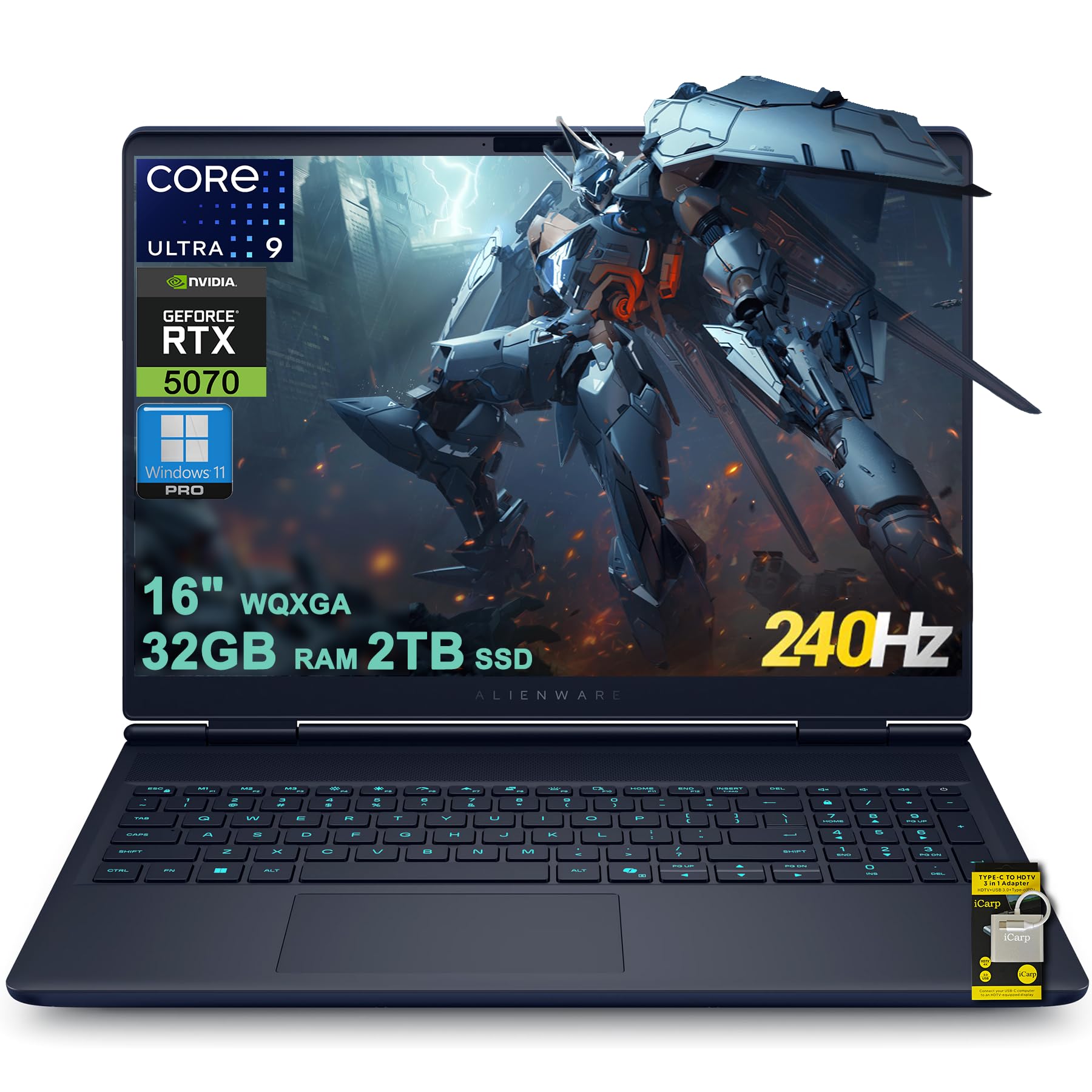 Dell Alienware 16X Aurora Gaming AI Laptop 16" WQXGA 240Hz (100% DCI-P3) Intel 24-core Ultra 9 275HX 32GB RAM 2TB SSD GeForce RTX 5070 (Up to 798 AI Tops) Thunderbolt Win11Pro ICP Hub w/Copilot