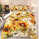 Yilinata Sunflower Comforter Set Yellow Summer Printed Quilt Bedding Set with 1 Comforter and 2 Pillow Covers for Bedroom Dormroom All Season Queen 90x90inches