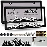 ZXFOOG Mountain License Plate Frames- Plastic Black Car Tag Holder Bracket with Screws Caps, 2 Packs 2 Hole, White on Black, Mountain Vinyl Sticker Included