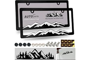 ZXFOOG Mountain License Plate Frames- Plastic Black Car Tag Holder Bracket with Screws Caps, 2 Packs 2 Hole, White on Black, Mountain Vinyl Sticker Included