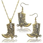 RechicGu Western West Cowgirl Cowboy Texas Boots Earrings Necklace Set, Spur Rodeo Drop Dangle Boots Earrings,Twist Link Chain Necklace with Boot Pendant,Jewelry Set
