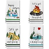 Camping Kitchen Towels Set of 4 Dish Towels Kitchen Hand Towels Kit Printed with Funny Sayings Novelty Gifts for Campers Happy Camper Camping Tent Pine Tree Farmhouse RV Decor Sign Home Decorations